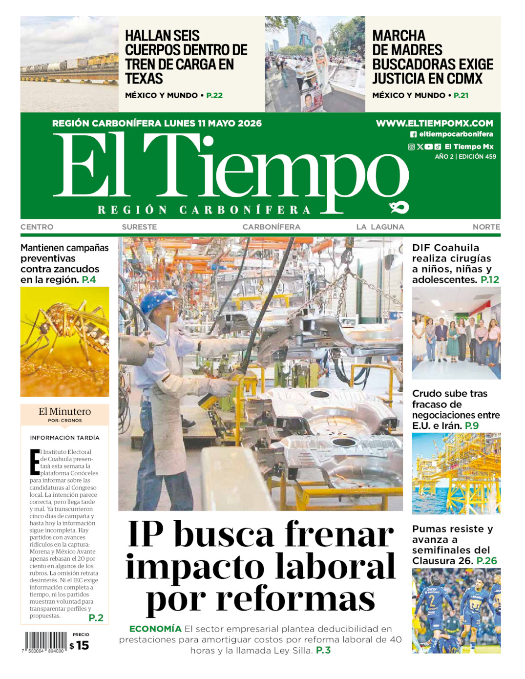 Edición impresa: Portada del lunes 11 de mayo de 2026, El Tiempo región <strong>Carbonífera</strong>