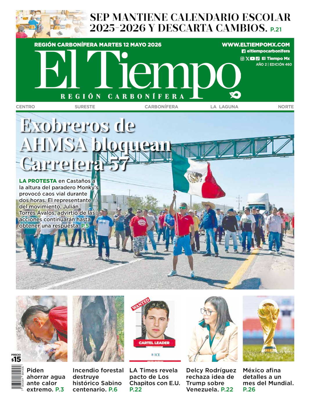 Edición impresa: Portada del martes 12 de mayo de 2026, El Tiempo región <strong>Carbonífera</strong>