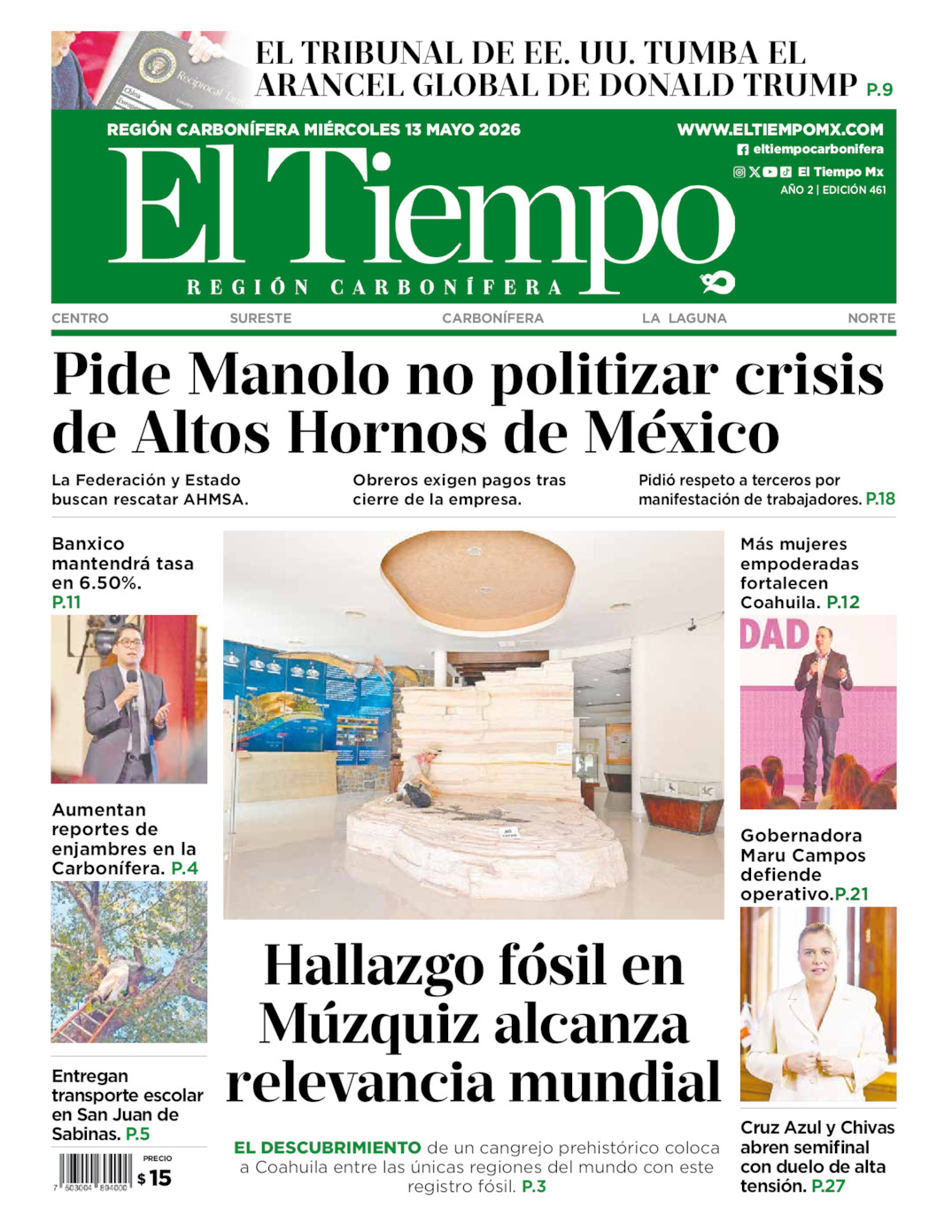 Edición impresa: Portada del miércoles 13 de mayo de 2026, El Tiempo región <strong>Carbonífera</strong>
