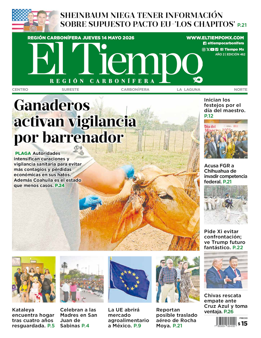Edición impresa: Portada del jueves 14 de mayo de 2026, El Tiempo región <strong>Carbonífera</strong>