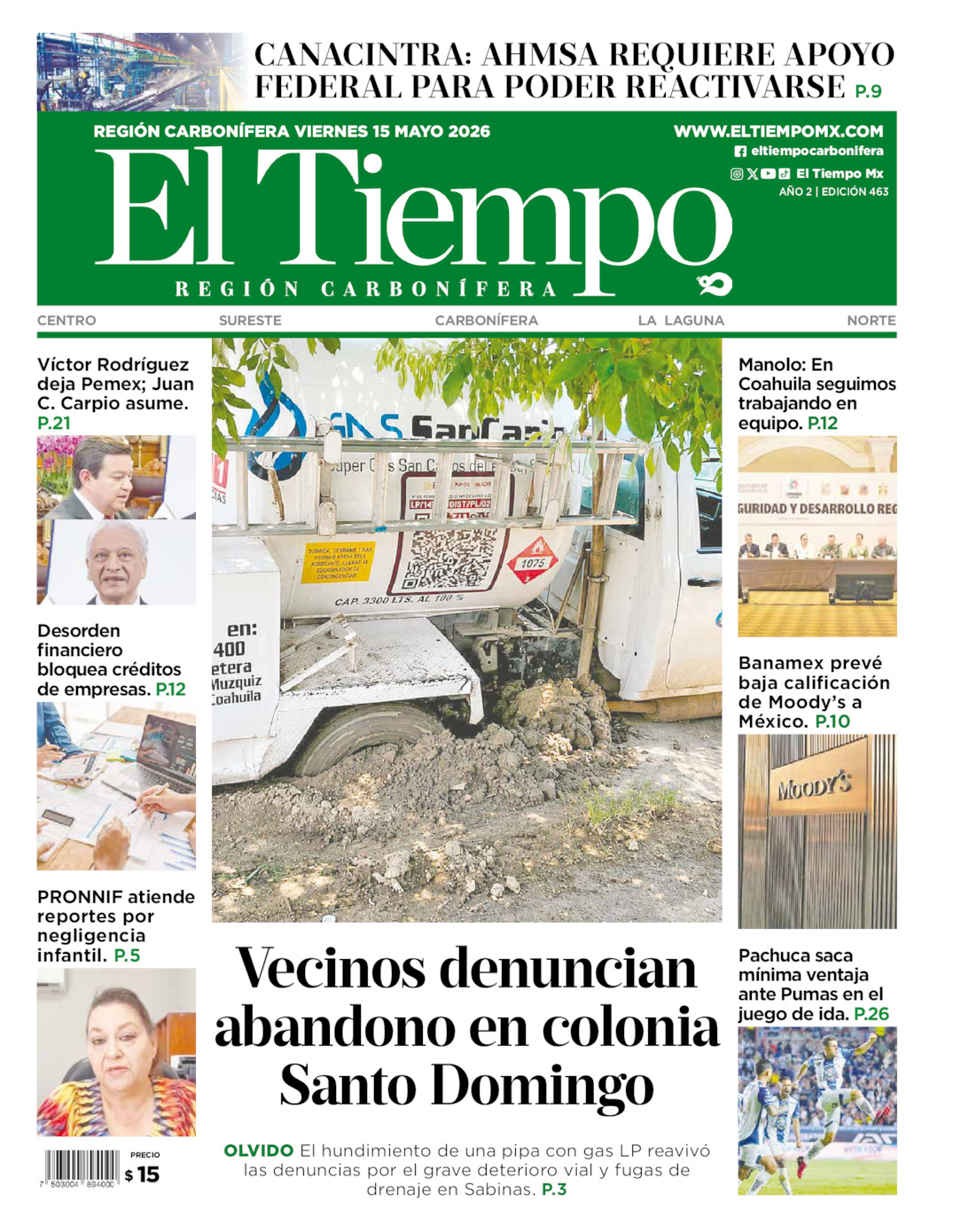 Edición impresa: Portada del viernes 15 de mayo de 2026, El Tiempo región <strong>Carbonífera</strong>