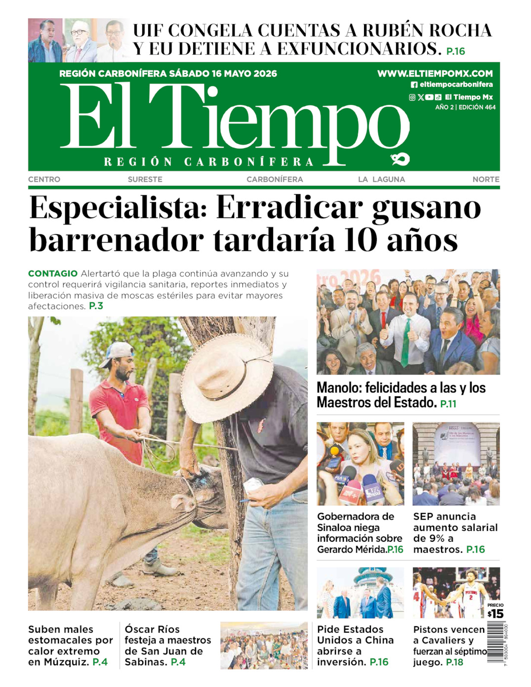 Edición impresa: Portada del sábado 16 de mayo de 2026, El Tiempo región <strong>Carbonífera</strong>