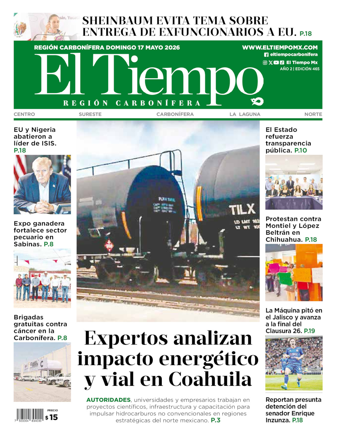 Edición impresa: Portada del domingo 17 de mayo de 2026, El Tiempo región <strong>Carbonífera</strong>