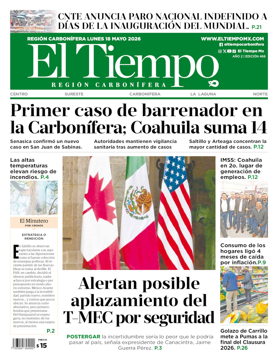 Edición impresa: Portada del lunes 18 de mayo de 2026, El Tiempo región <strong>Carbonífera</strong>