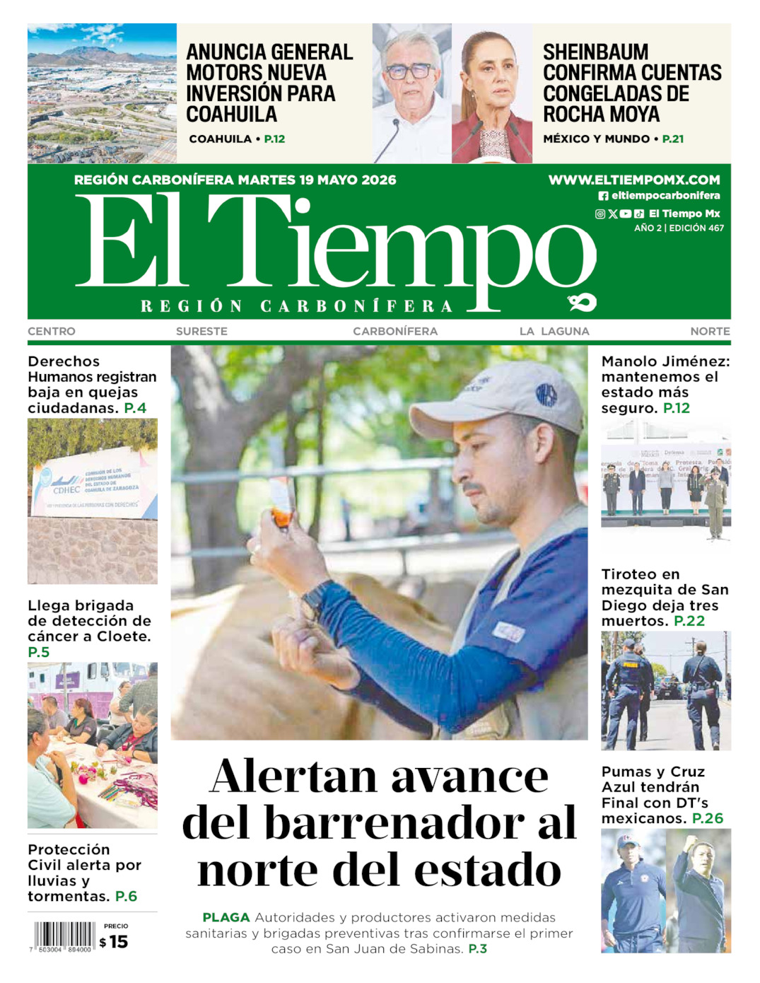 Edición impresa: Portada del martes 19 de mayo de 2026, El Tiempo región <strong>Carbonífera</strong>