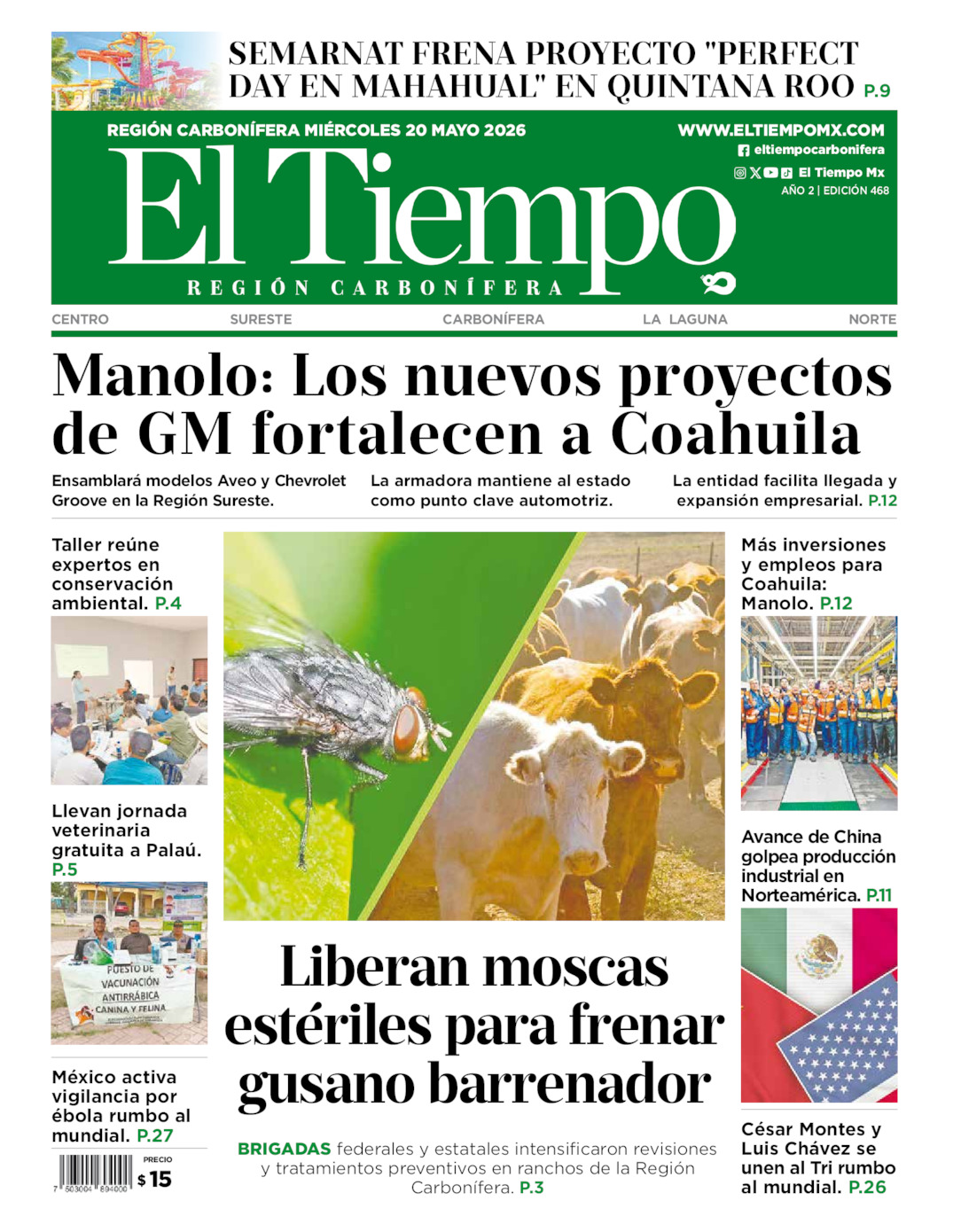 Edición impresa: Portada del miércoles 20 de mayo de 2026, El Tiempo región <strong>Carbonífera</strong>