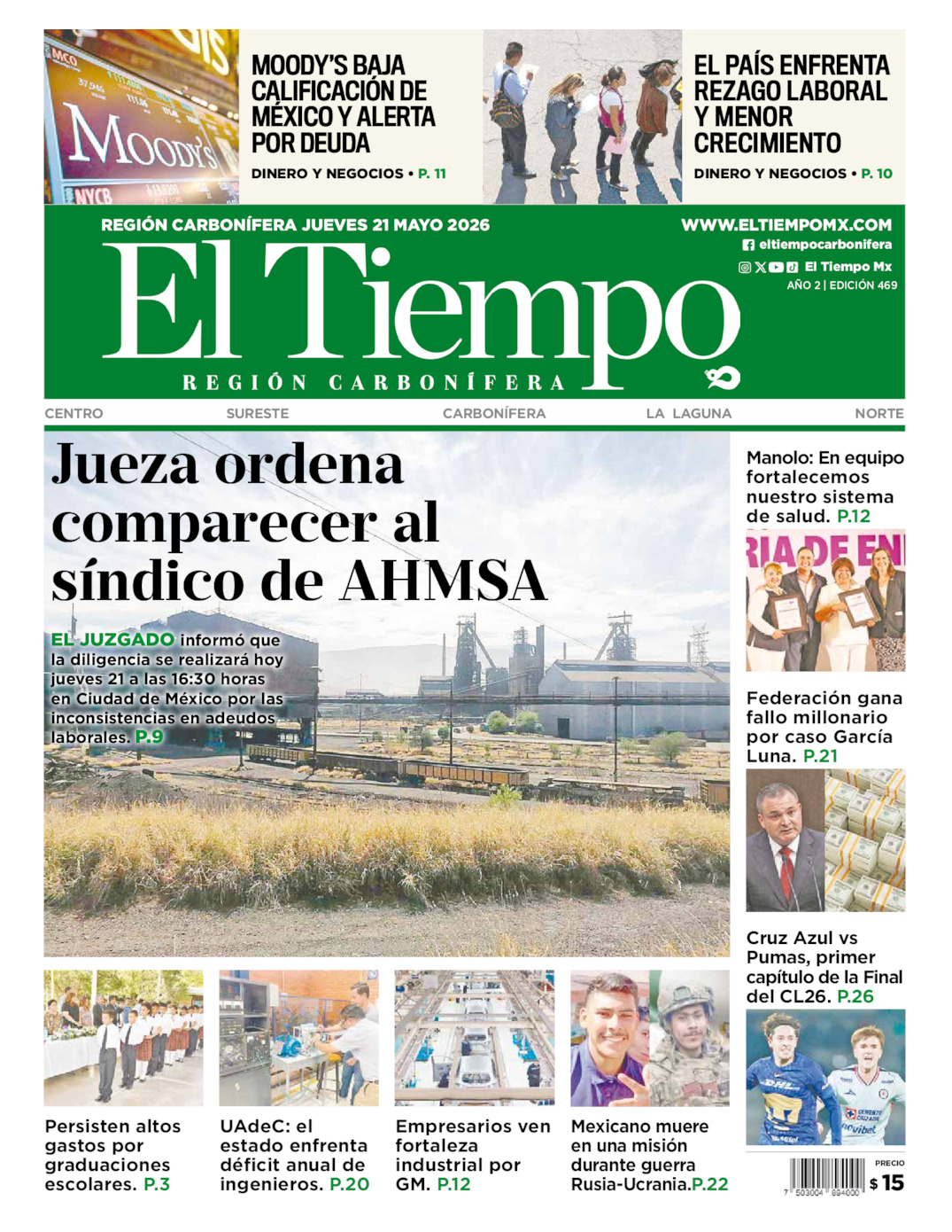 Edición impresa: Portada del jueves 21 de mayo de 2026, El Tiempo región <strong>Carbonífera</strong>