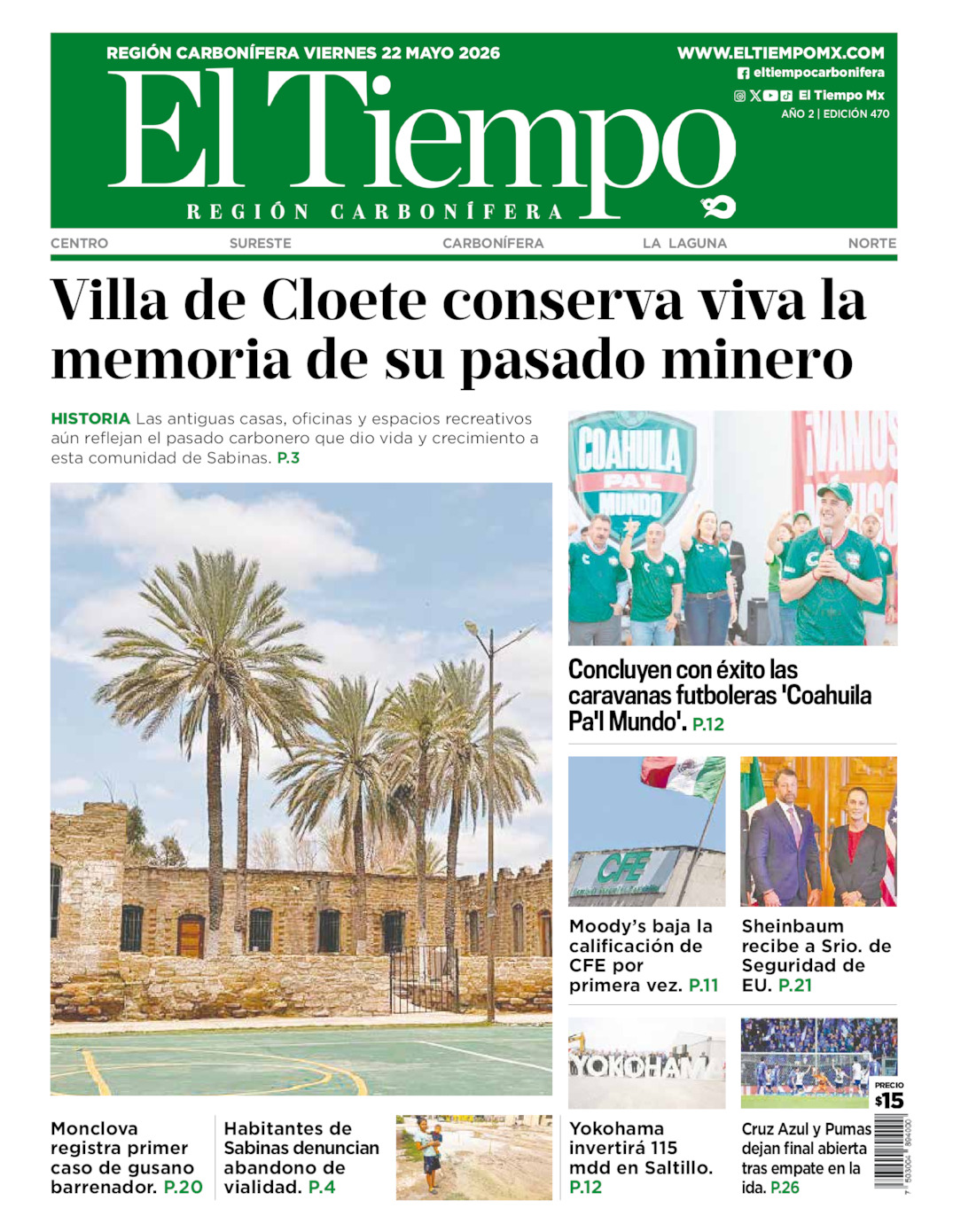 Edición impresa: Portada del viernes 22 de mayo de 2026, El Tiempo región <strong>Carbonífera</strong>