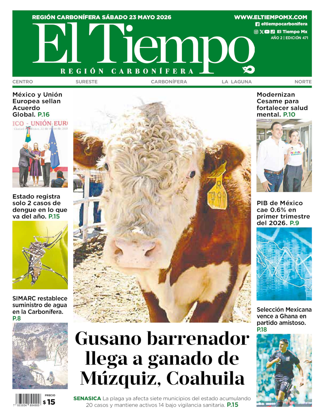 Edición impresa: Portada del sábado 23 de mayo de 2026, El Tiempo región <strong>Carbonífera</strong>