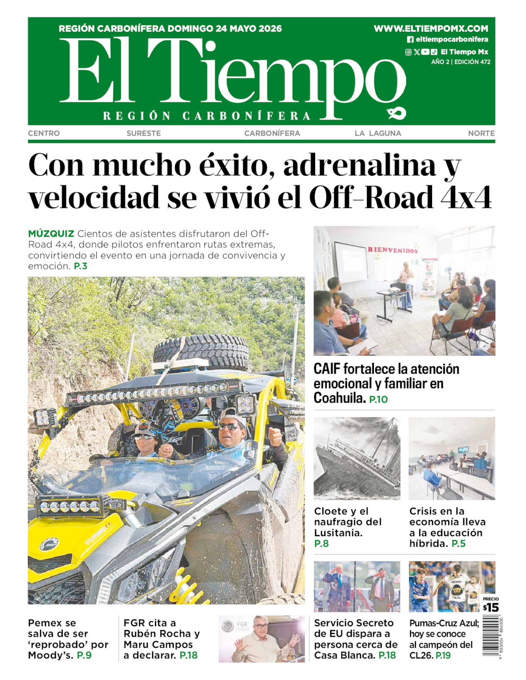 Edición impresa: Portada del domingo 24 de mayo de 2026, El Tiempo región <strong>Carbonífera</strong>