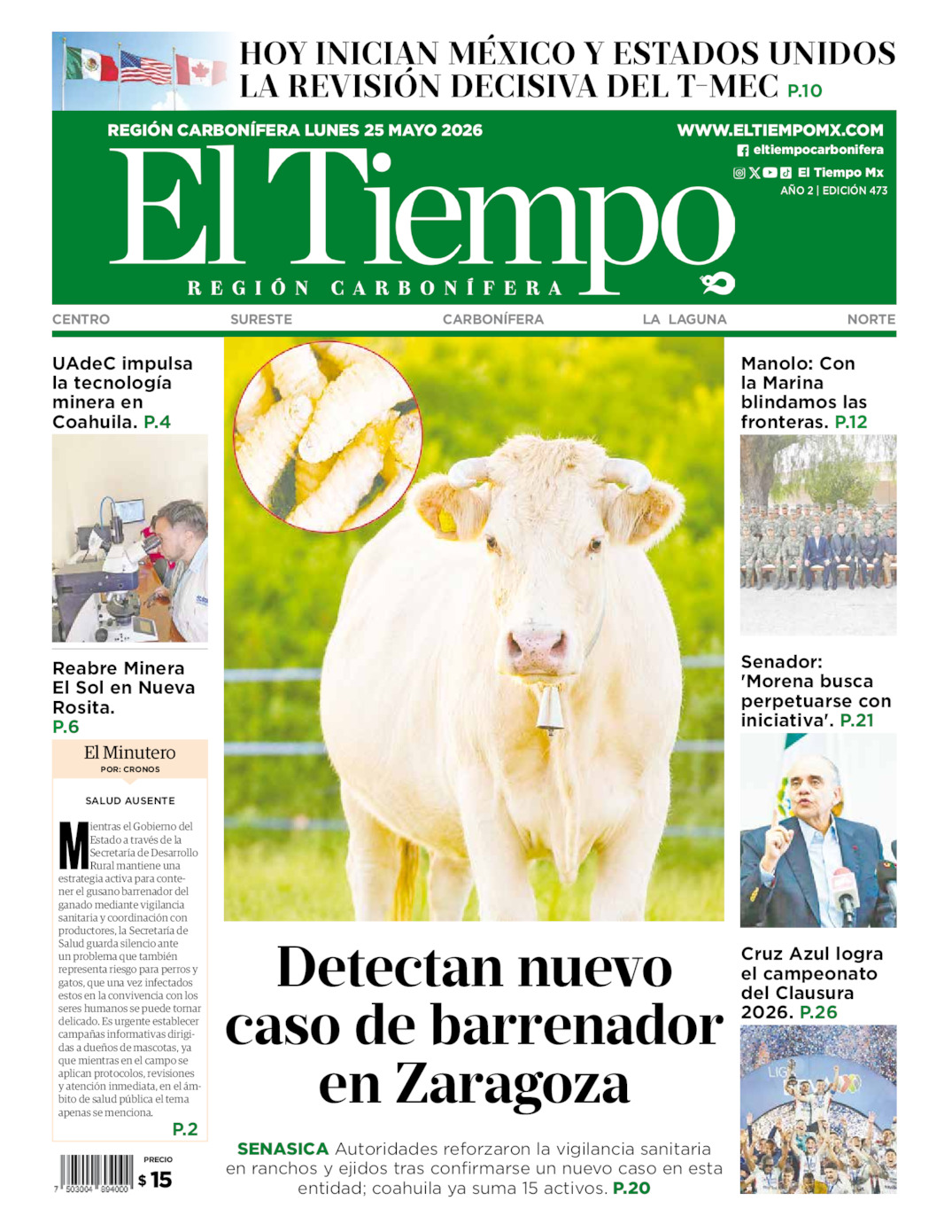 Edición impresa: Portada del lunes 25 de mayo de 2026, El Tiempo región <strong>Carbonífera</strong>