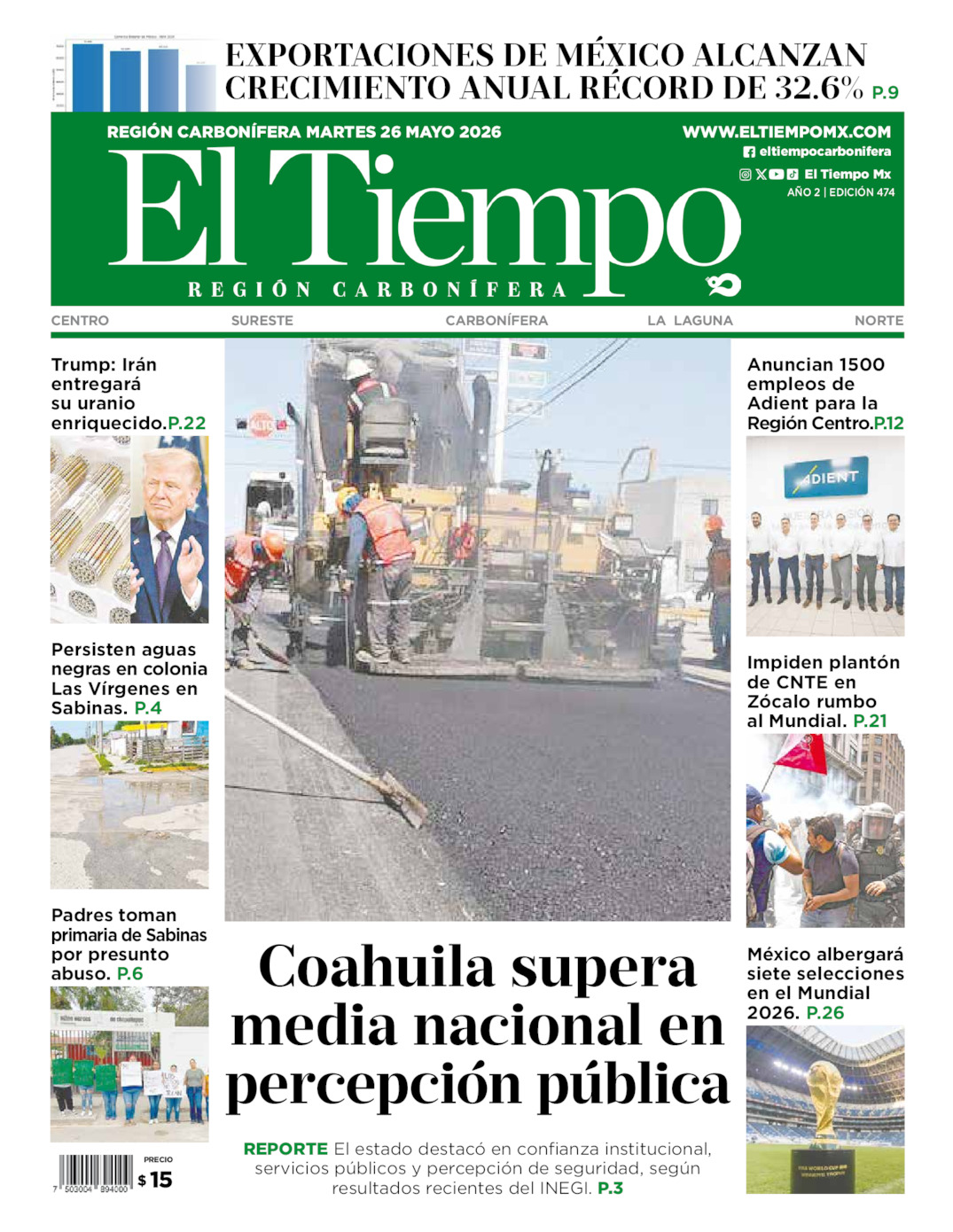 Edición impresa: Portada del martes 26 de mayo de 2026, El Tiempo región <strong>Carbonífera</strong>