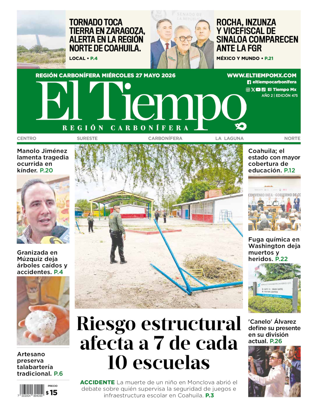 Edición impresa: Portada del miércoles 27 de mayo de 2026, El Tiempo región <strong>Carbonífera</strong>