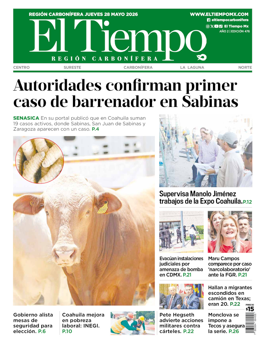 Edición impresa: Portada del jueves 28 de mayo de 2026, El Tiempo región <strong>Carbonífera</strong>