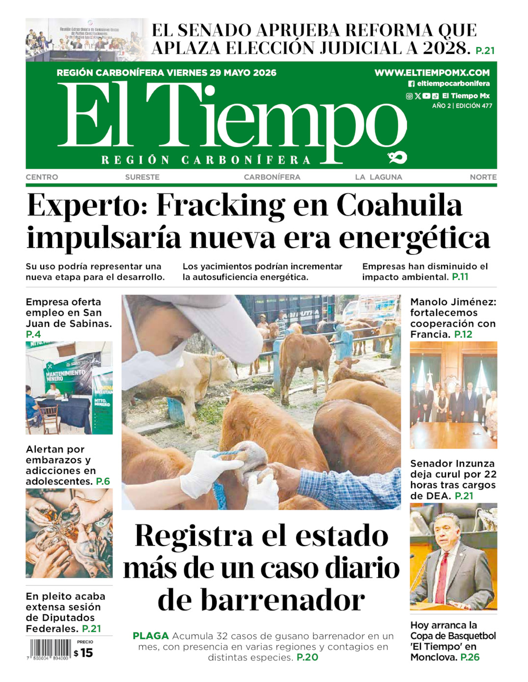 Edición impresa: Portada del viernes 29 de mayo de 2026, El Tiempo región <strong>Carbonífera</strong>