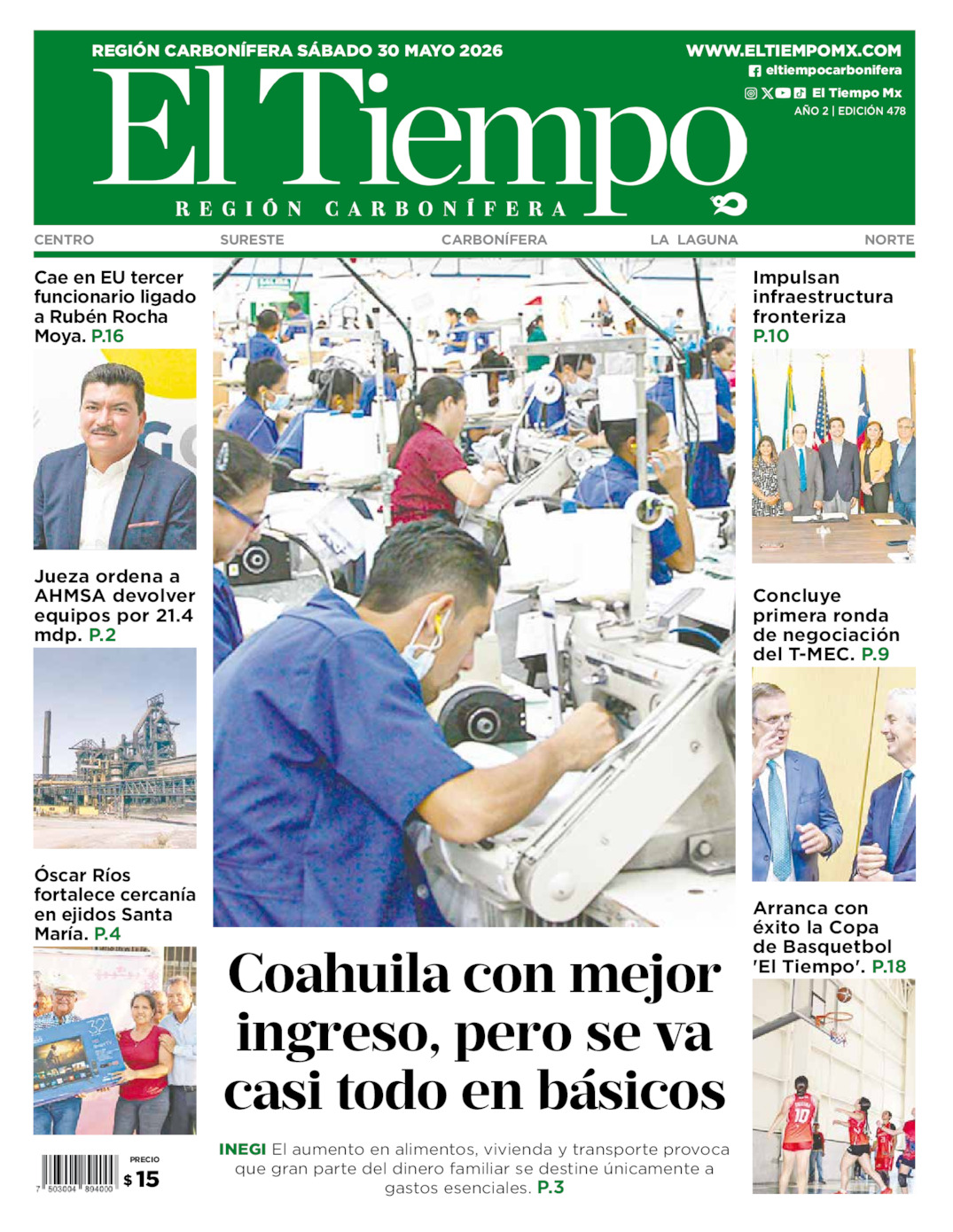 Edición impresa: Portada del sábado 30 de mayo de 2026, El Tiempo región <strong>Carbonífera</strong>
