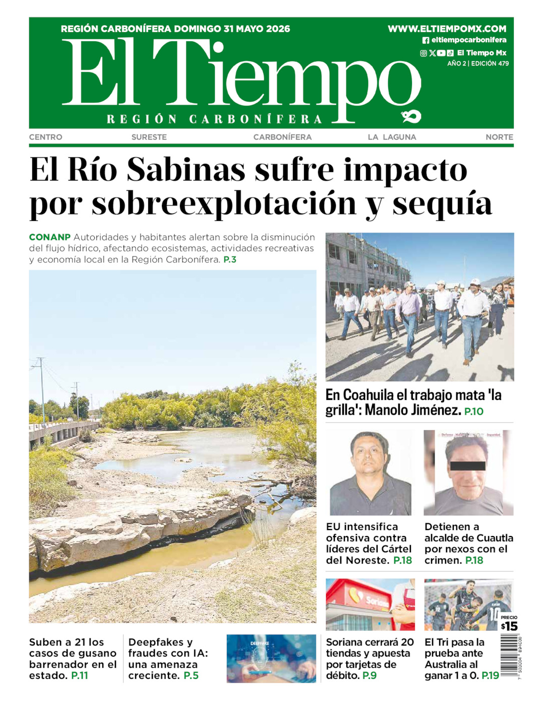 Edición impresa: Portada del domingo 31 de mayo de 2026, El Tiempo región <strong>Carbonífera</strong>