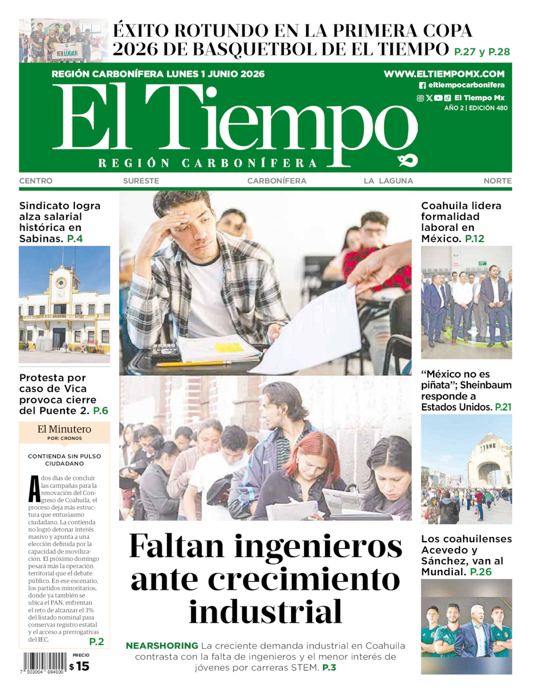Edición impresa: Portada del lunes 01 de junio de 2026, El Tiempo región <strong>Carbonífera</strong>