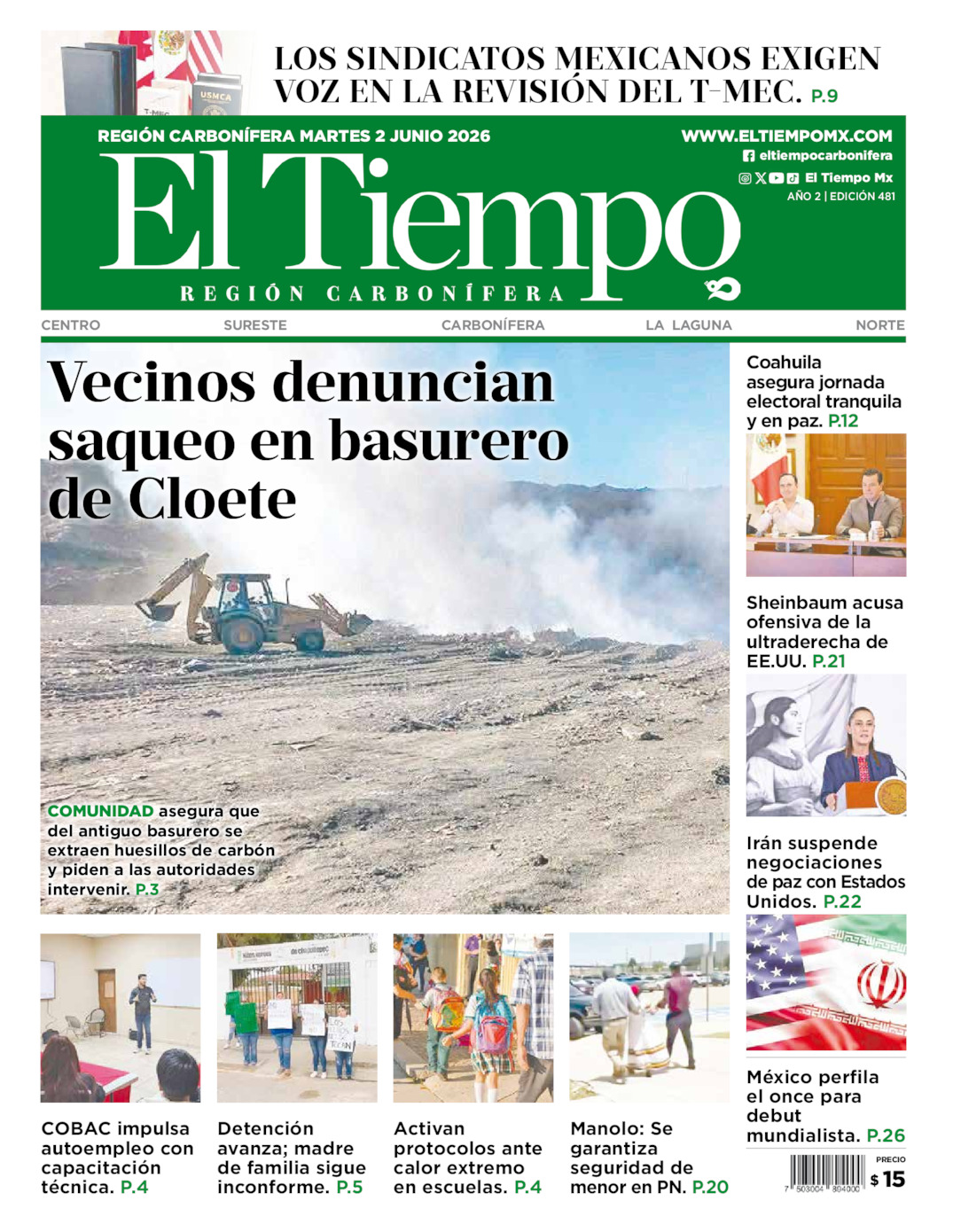 Edición impresa: Portada del martes 02 de junio de 2026, El Tiempo región <strong>Carbonífera</strong>