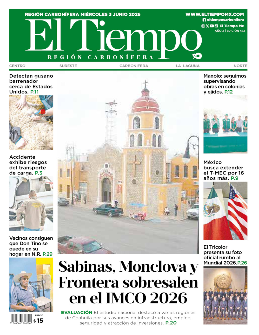 Edición impresa: Portada del miércoles 03 de junio de 2026, El Tiempo región <strong>Carbonífera</strong>
