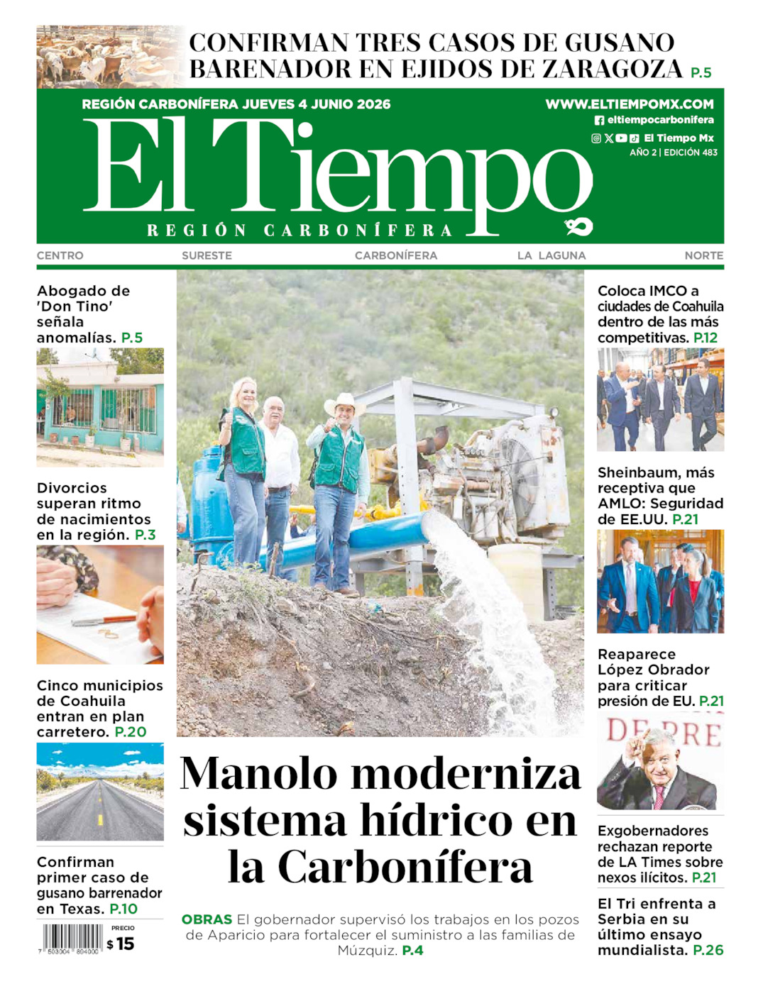 Edición impresa: Portada del jueves 04 de junio de 2026, El Tiempo región <strong>Carbonífera</strong>