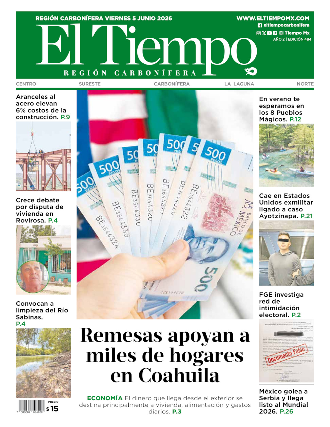 Edición impresa: Portada del viernes 05 de junio de 2026, El Tiempo región <strong>Carbonífera</strong>