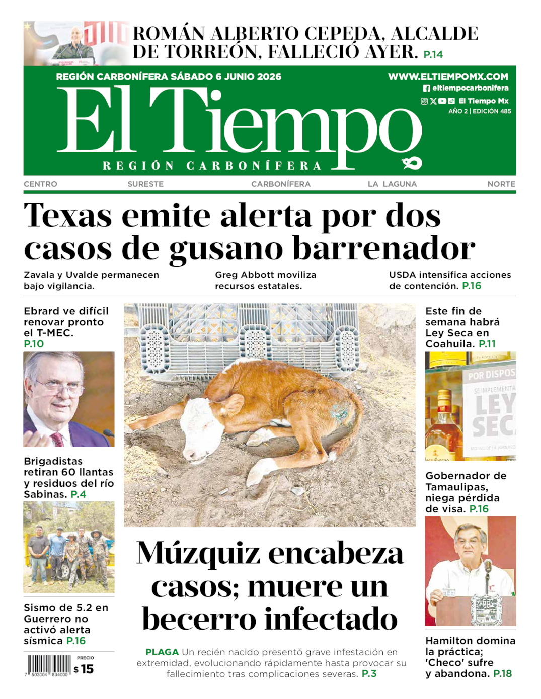 Edición impresa: Portada del sábado 06 de junio de 2026, El Tiempo región <strong>Carbonífera</strong>
