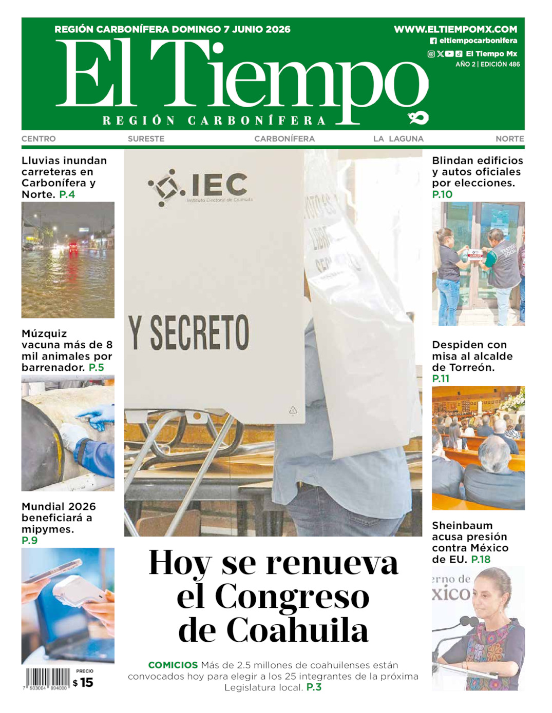 Edición impresa: Portada del domingo 07 de junio de 2026, El Tiempo región <strong>Carbonífera</strong>