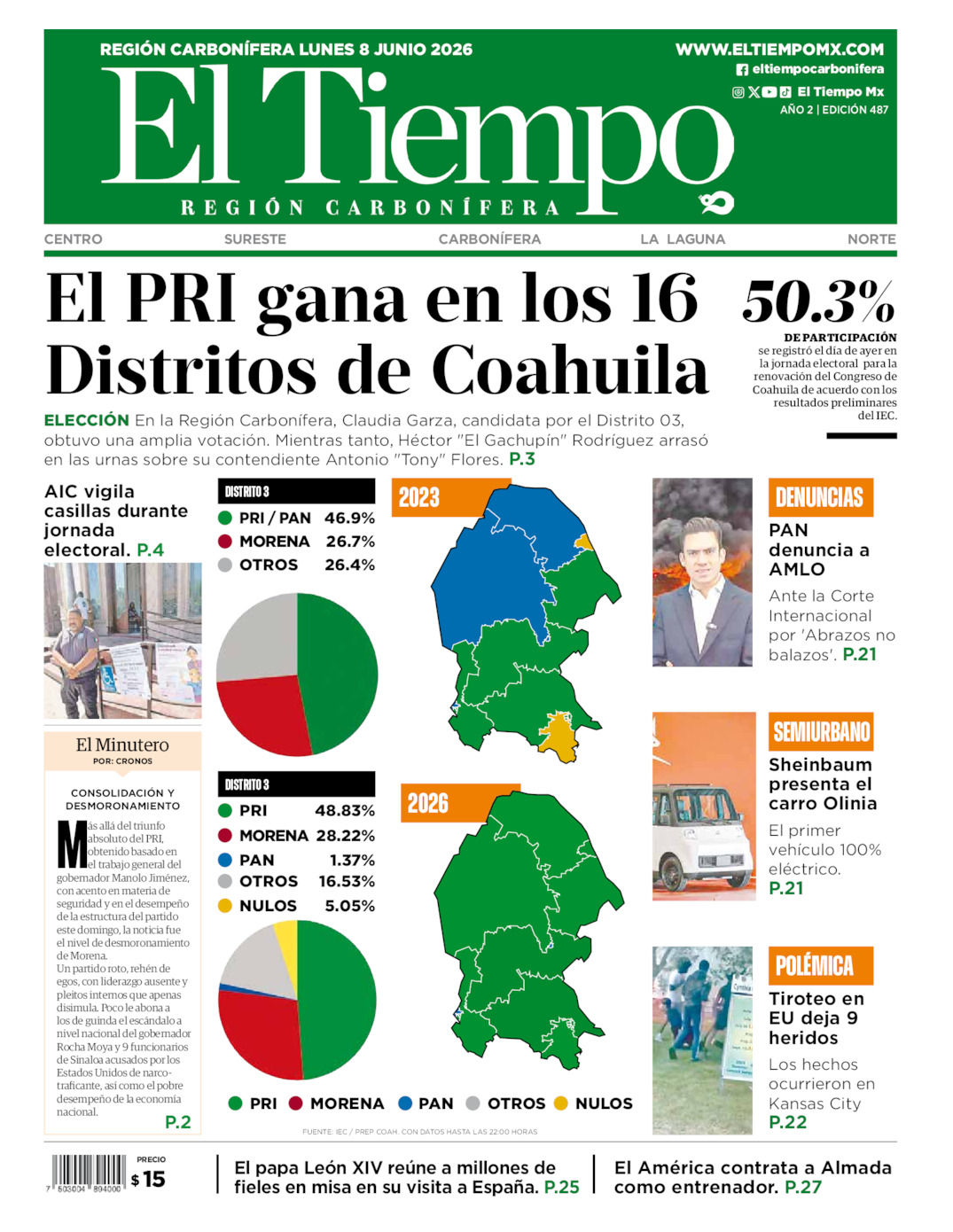 Edición impresa: Portada del lunes 08 de junio de 2026, El Tiempo región <strong>Carbonífera</strong>