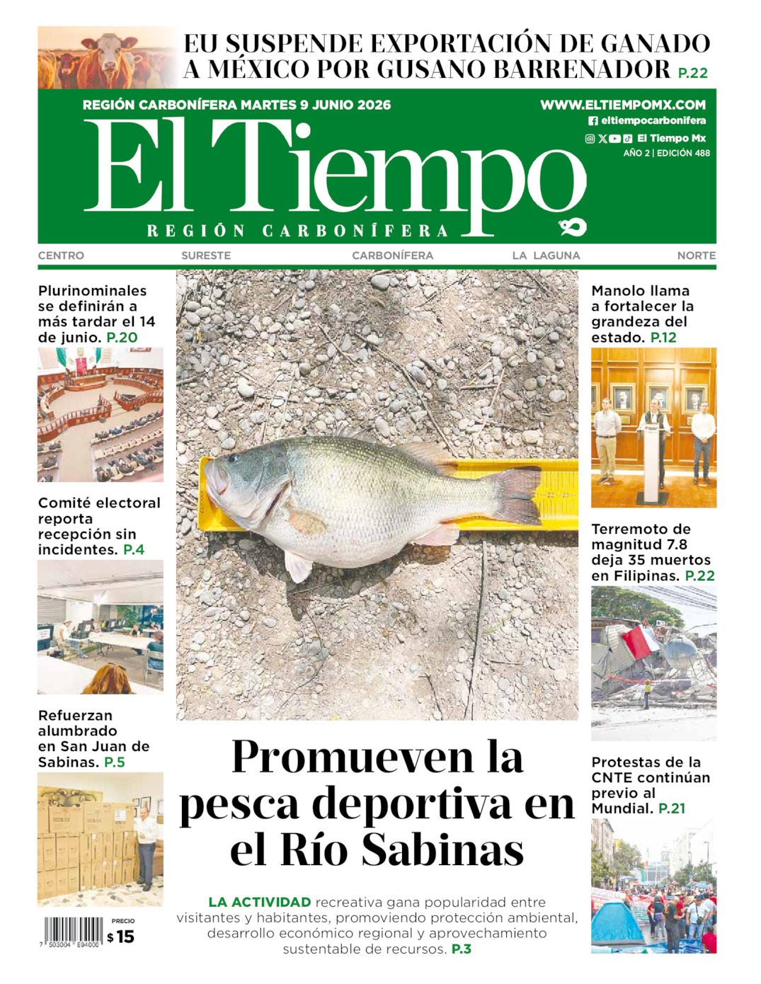 Edición impresa: Portada del martes 09 de junio de 2026, El Tiempo región <strong>Carbonífera</strong>