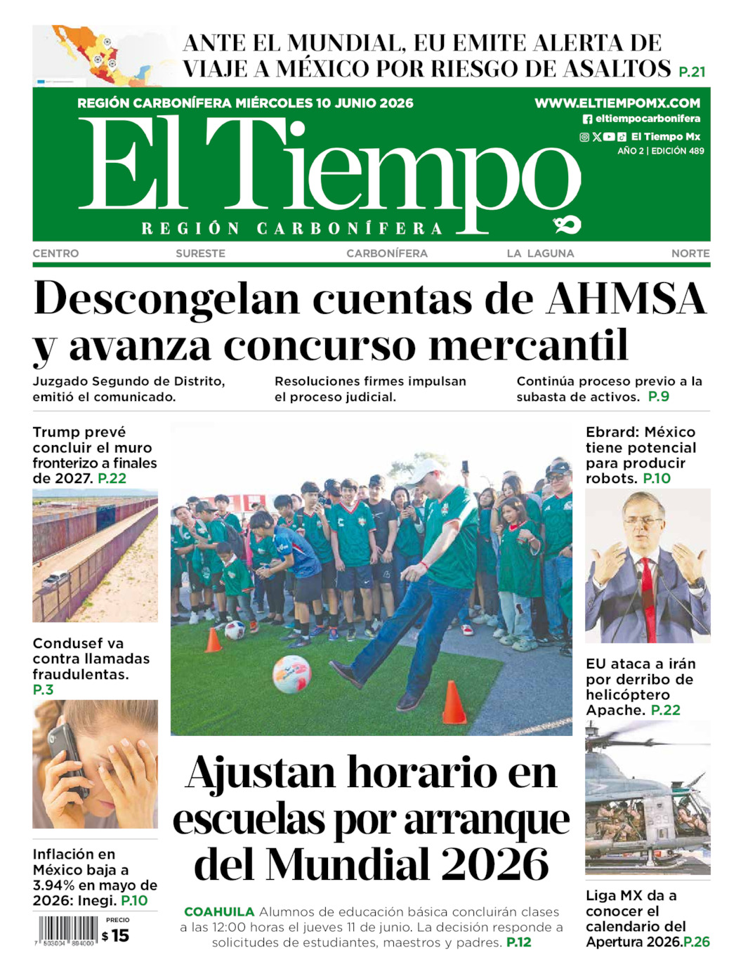 Edición impresa: Portada del miércoles 10 de junio de 2026, El Tiempo región <strong>Carbonífera</strong>