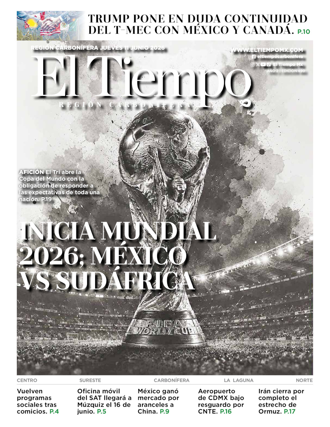 Edición impresa: Portada del jueves 11 de junio de 2026, El Tiempo región <strong>Carbonífera</strong>