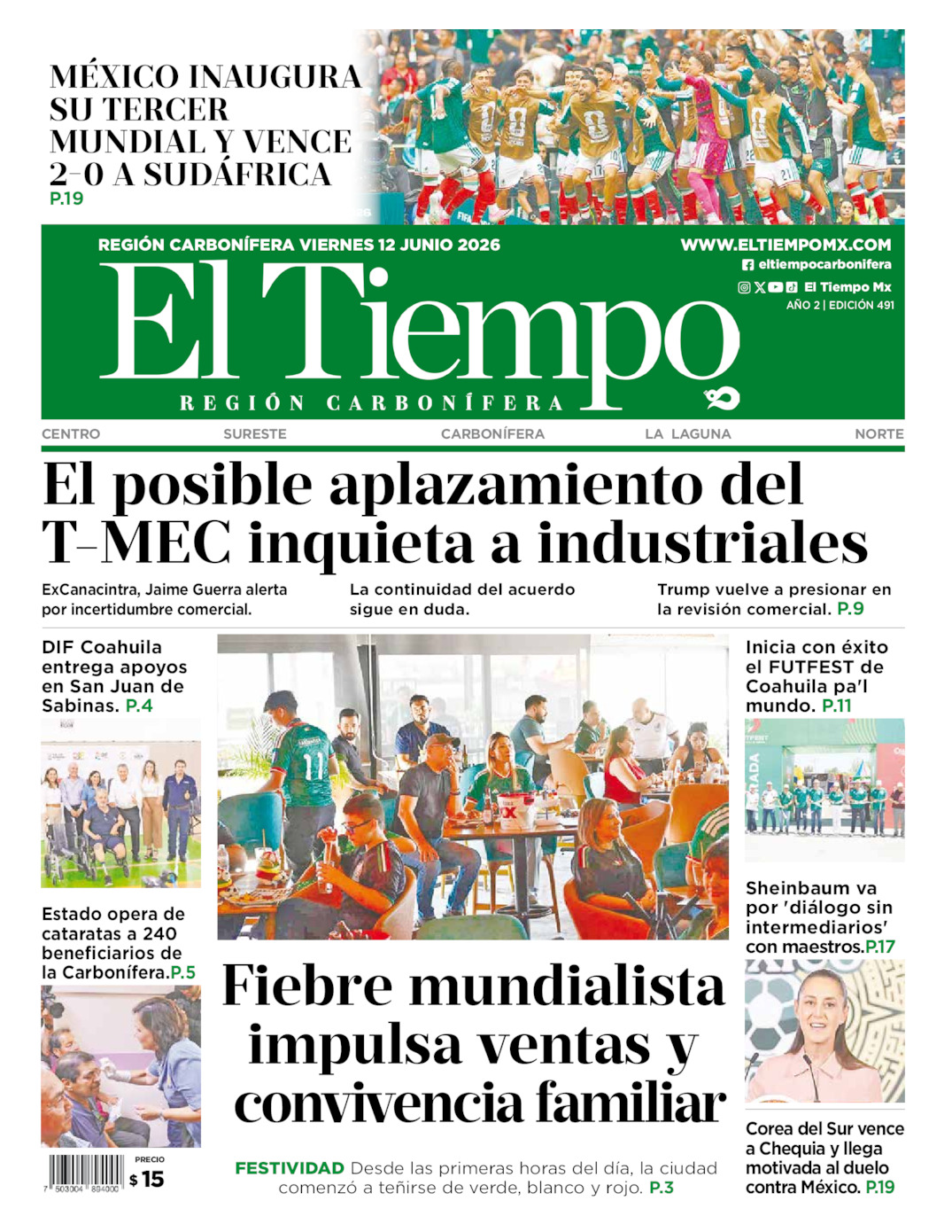 Edición impresa: Portada del viernes 12 de junio de 2026, El Tiempo región <strong>Carbonífera</strong>