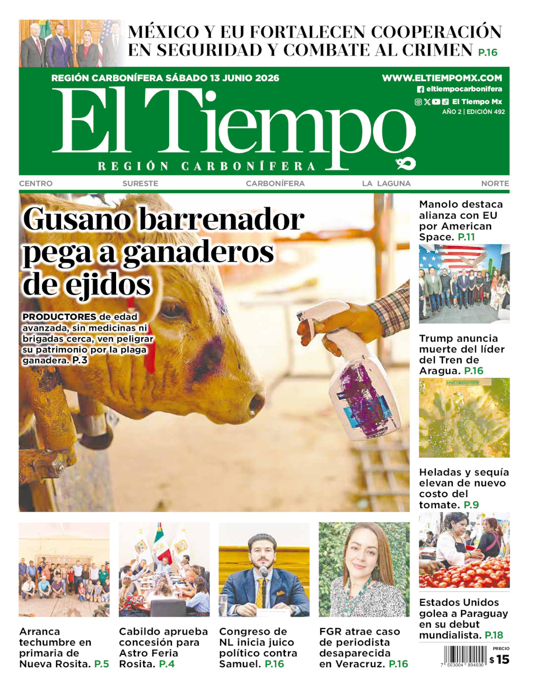 Edición impresa: Portada del sábado 13 de junio de 2026, El Tiempo región <strong>Carbonífera</strong>