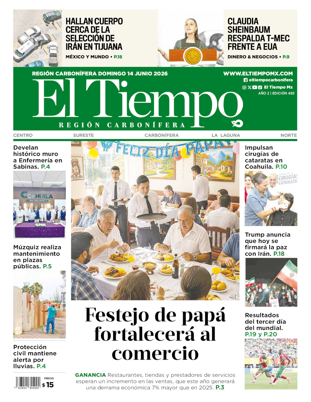 Edición impresa: Portada del domingo 14 de junio de 2026, El Tiempo región <strong>Carbonífera</strong>