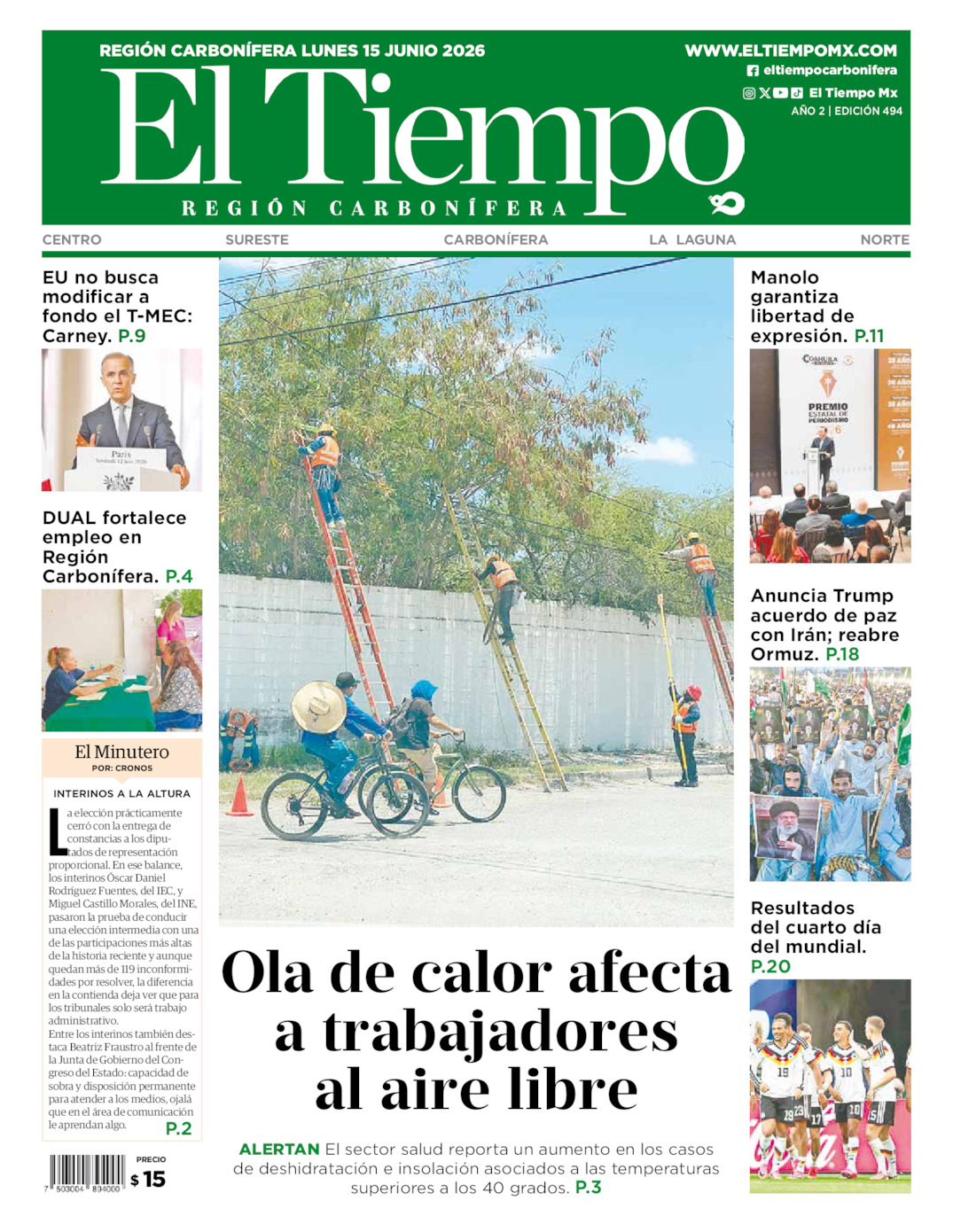 Edición impresa: Portada del lunes 15 de junio de 2026, El Tiempo región <strong>Carbonífera</strong>