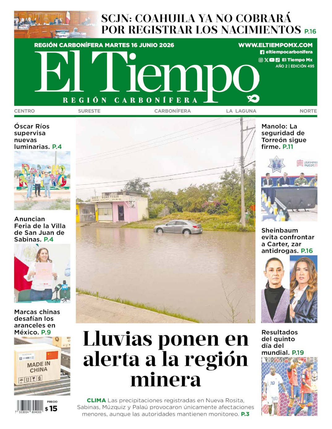 Edición impresa: Portada del martes 16 de junio de 2026, El Tiempo región <strong>Carbonífera</strong>