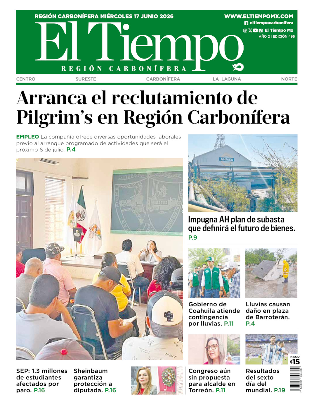 Edición impresa: Portada del miércoles 17 de junio de 2026, El Tiempo región <strong>Carbonífera</strong>