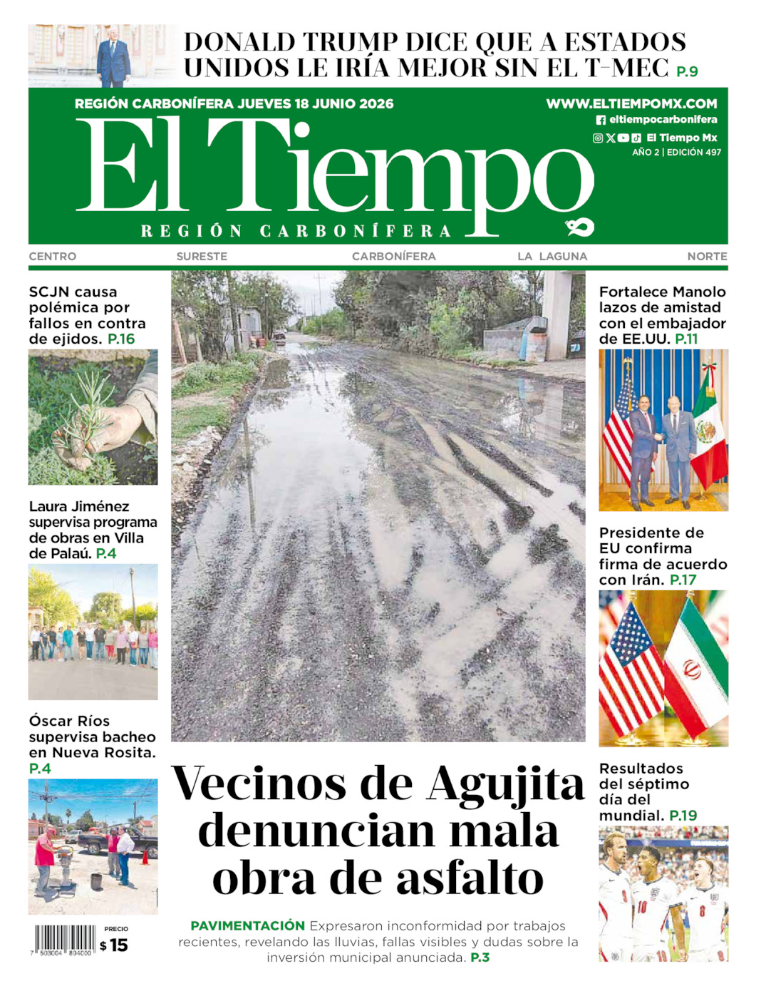 Edición impresa: Portada del jueves 18 de junio de 2026, El Tiempo región <strong>Carbonífera</strong>