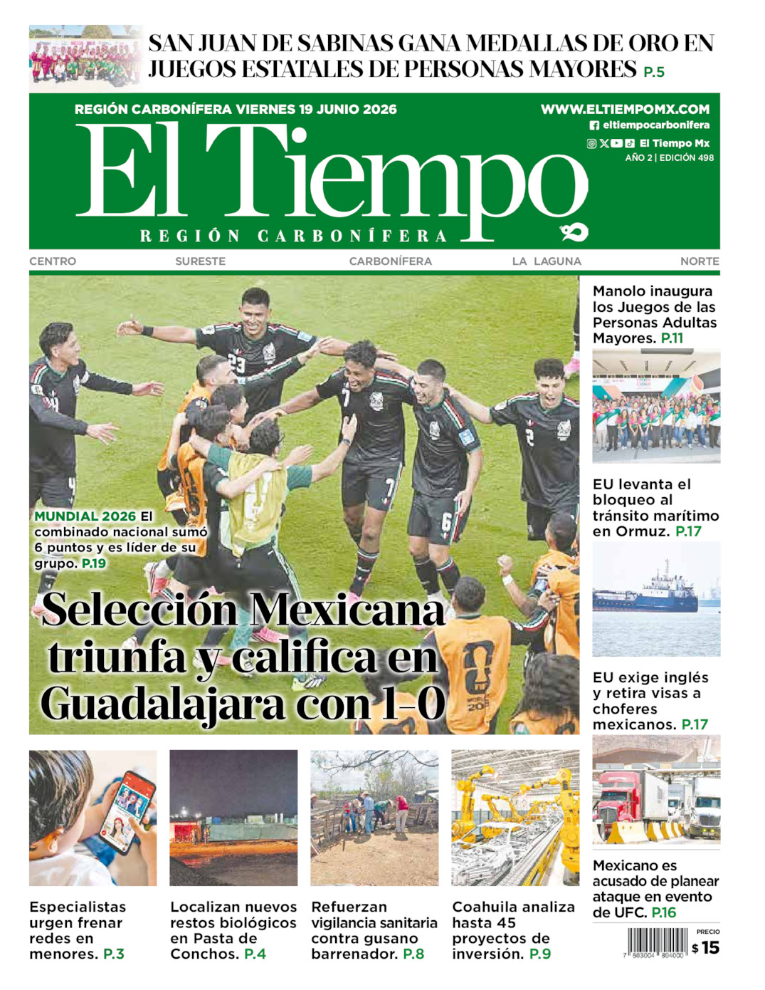 Edición impresa: Portada del viernes 19 de junio de 2026, El Tiempo región <strong>Carbonífera</strong>