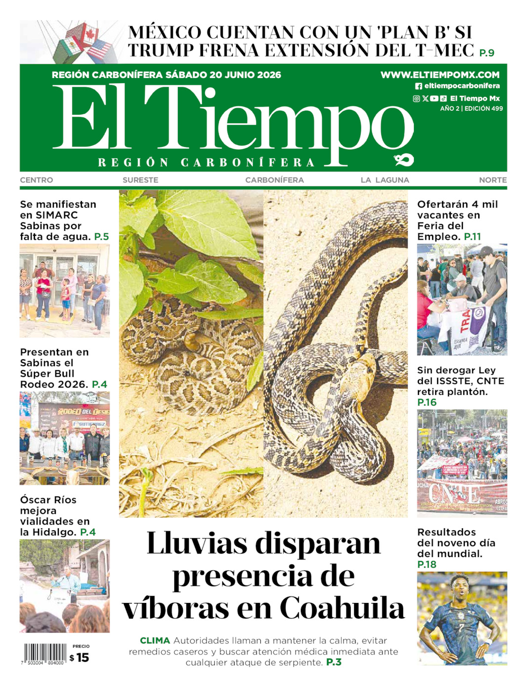 Edición impresa: Portada del sábado 20 de junio de 2026, El Tiempo región <strong>Carbonífera</strong>