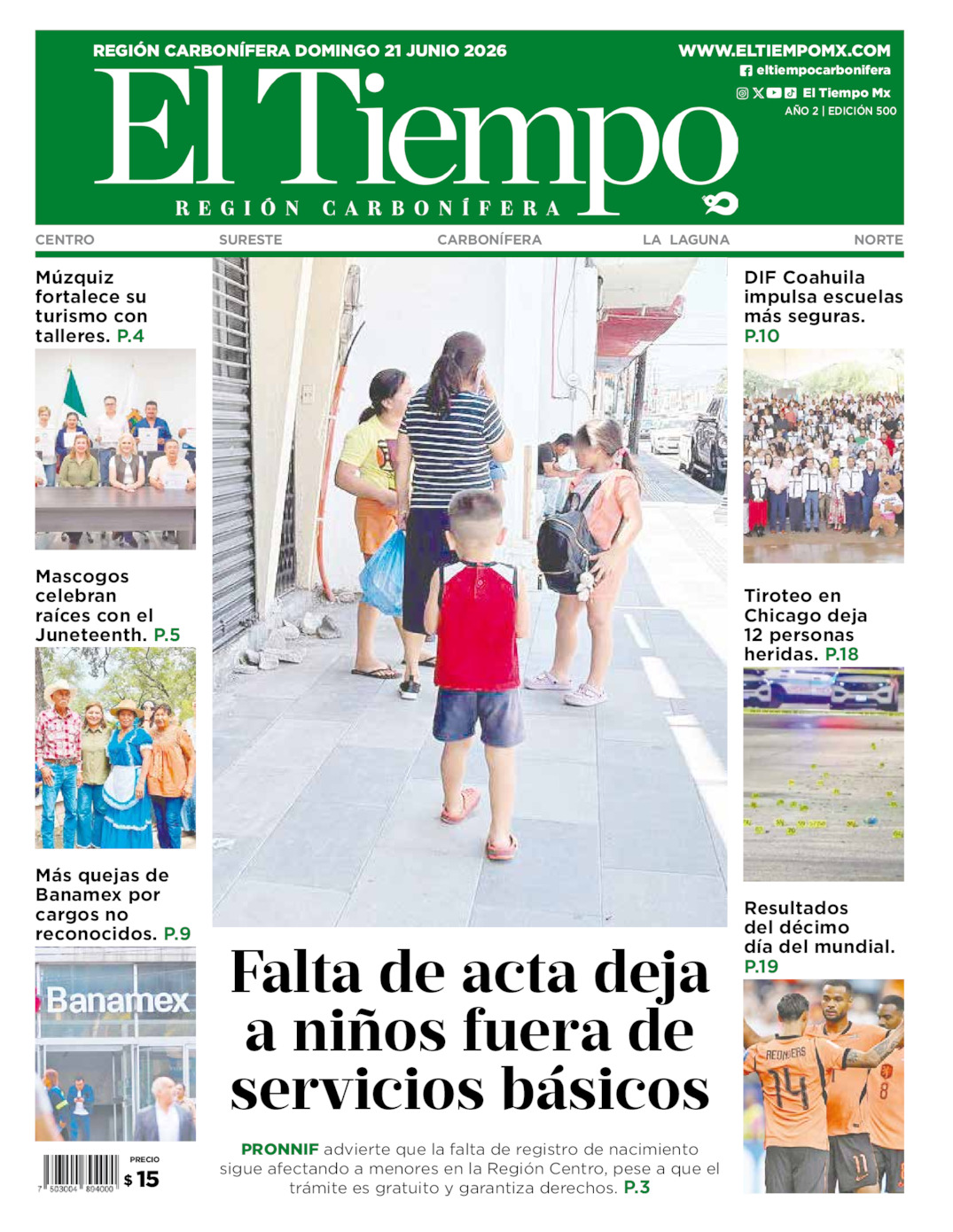 Edición impresa: Portada del domingo 21 de junio de 2026, El Tiempo región <strong>Carbonífera</strong>