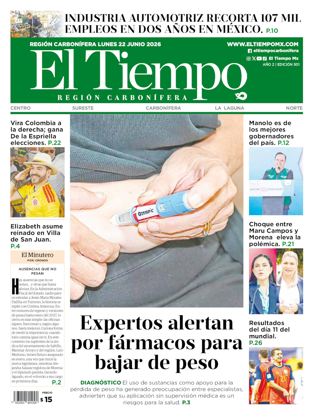 Edición impresa: Portada del lunes 22 de junio de 2026, El Tiempo región <strong>Carbonífera</strong>