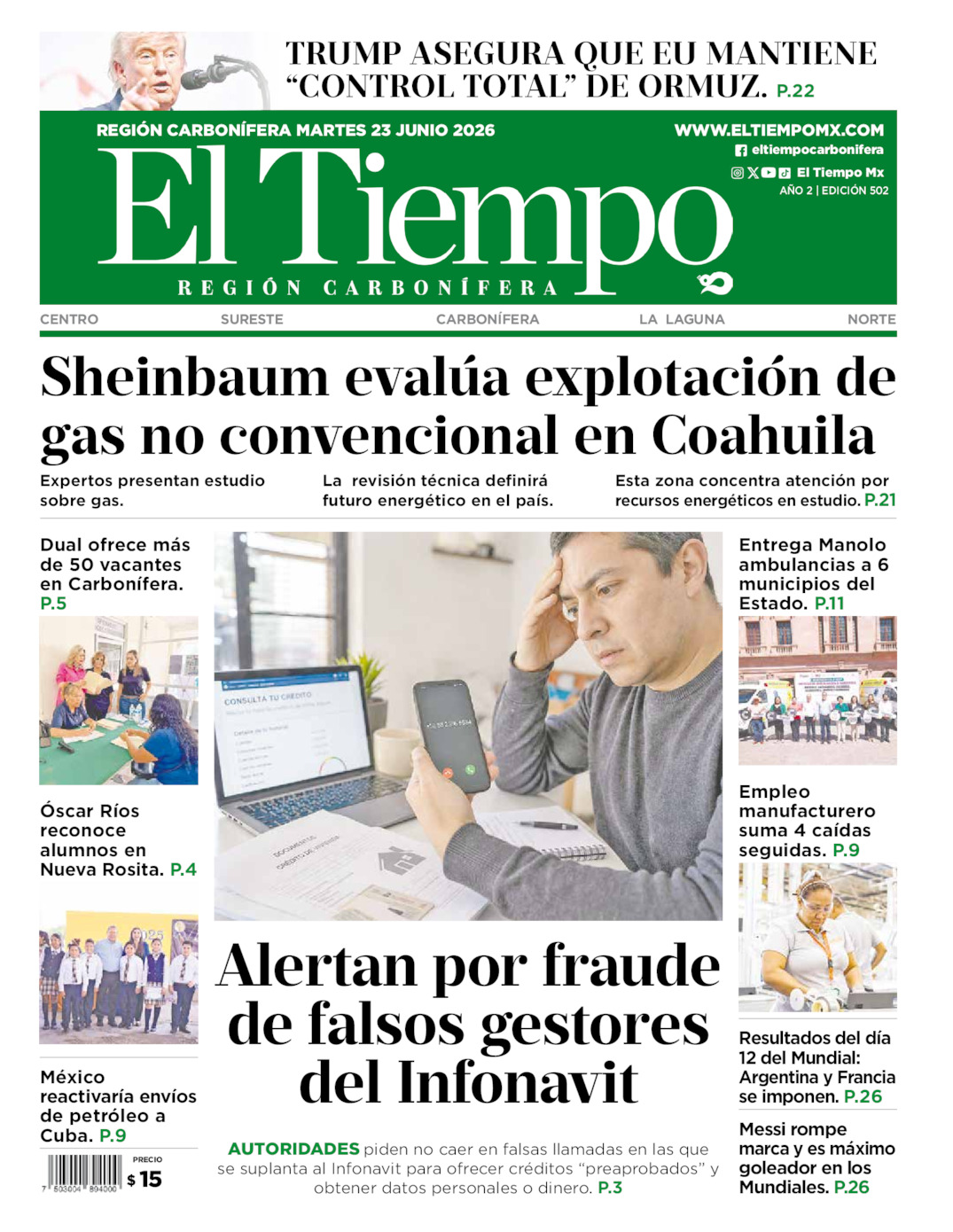 Edición impresa: Portada del martes 23 de junio de 2026, El Tiempo región <strong>Carbonífera</strong>