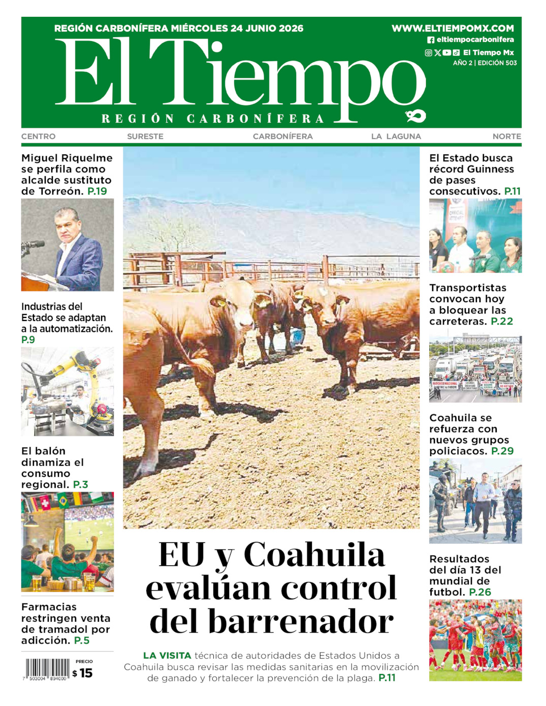 Edición impresa: Portada del miércoles 24 de junio de 2026, El Tiempo región <strong>Carbonífera</strong>