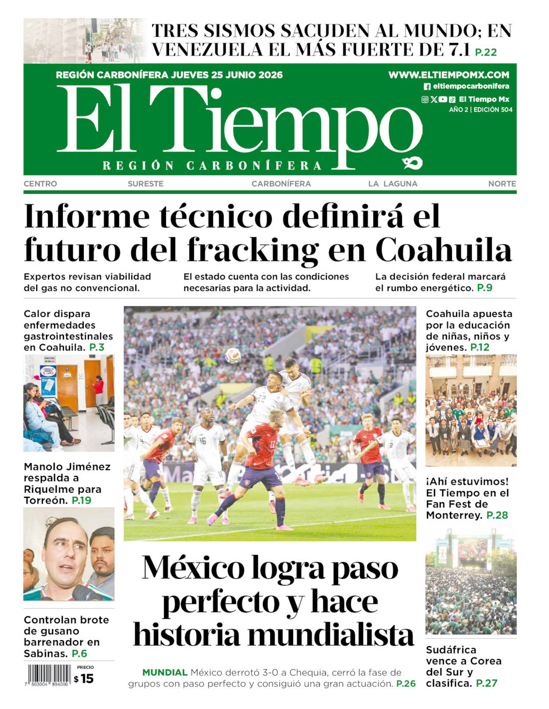 Edición impresa: Portada del jueves 25 de junio de 2026, El Tiempo región <strong>Carbonífera</strong>