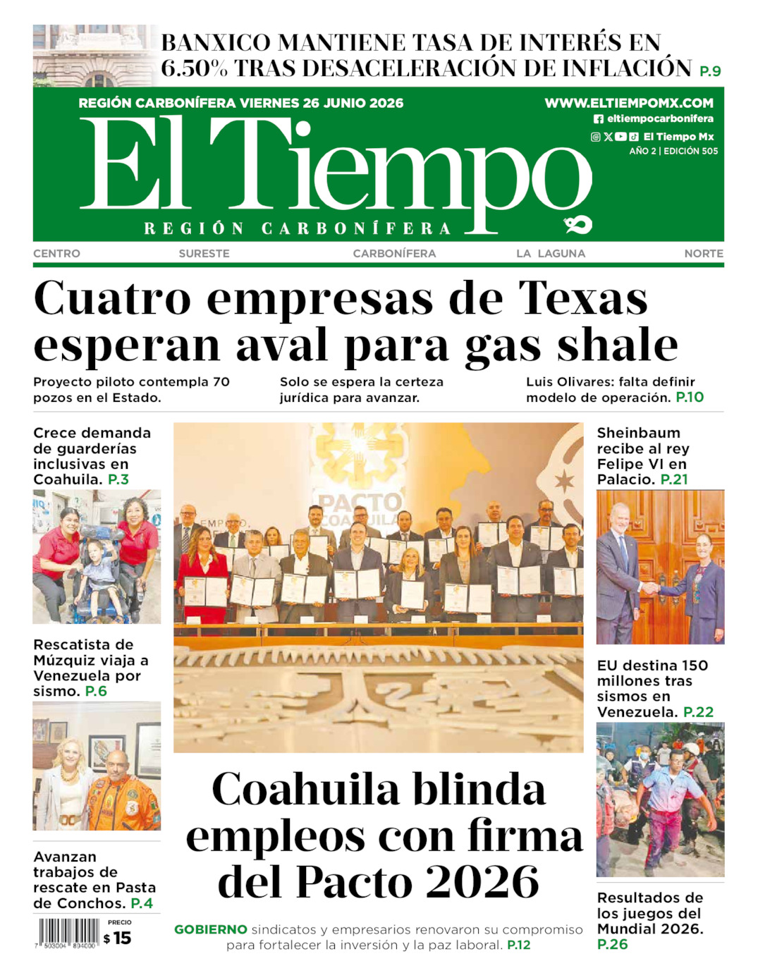 Edición impresa: Portada del viernes 26 de junio de 2026, El Tiempo región <strong>Carbonífera</strong>
