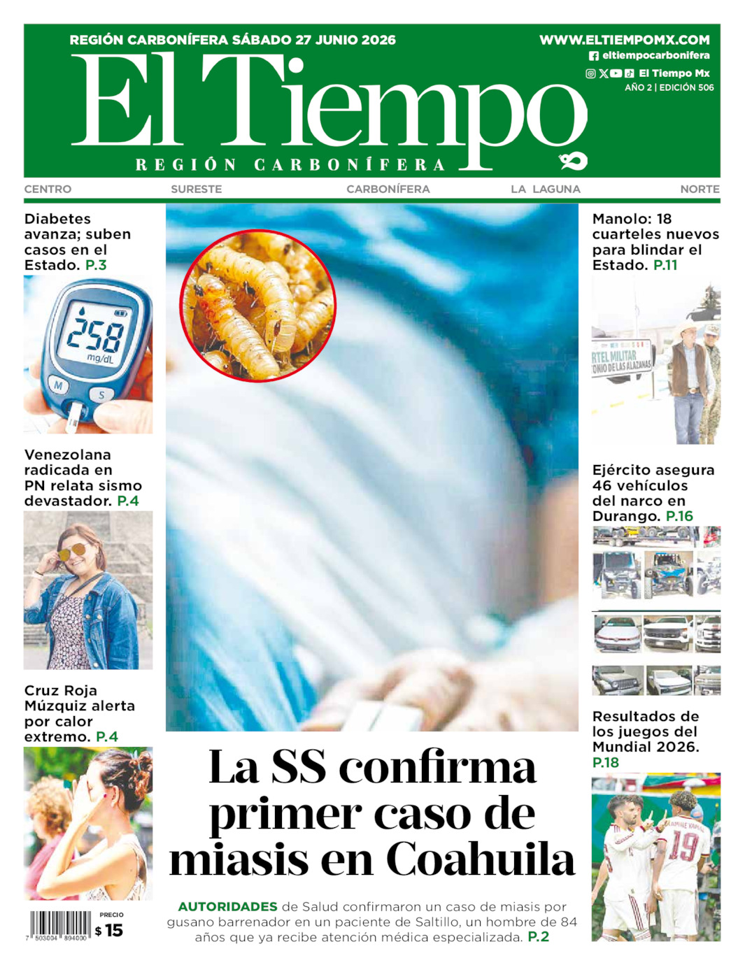 Edición impresa: Portada del sábado 27 de junio de 2026, El Tiempo región <strong>Carbonífera</strong>