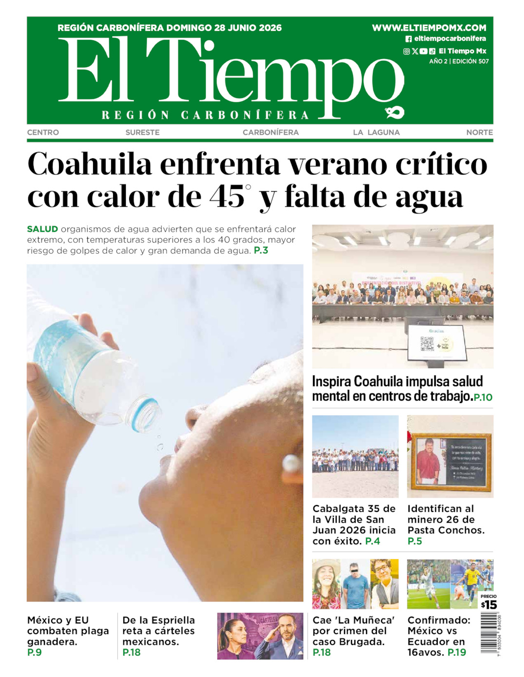Edición impresa: Portada del domingo 28 de junio de 2026, El Tiempo región <strong>Carbonífera</strong>