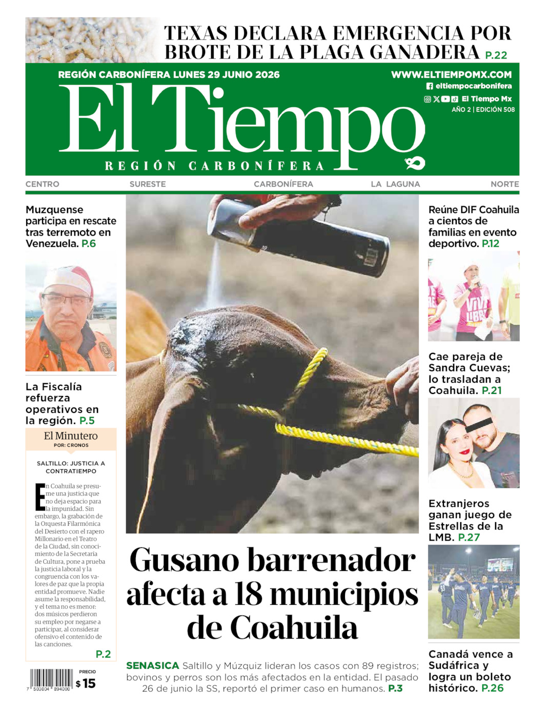 Edición impresa: Portada del lunes 29 de junio de 2026, El Tiempo región <strong>Carbonífera</strong>
